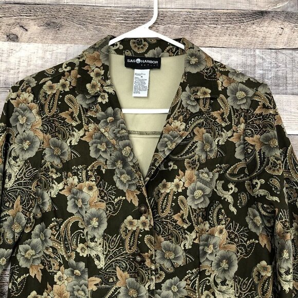 Sag Harbor Women's Full Button Jacket Blouse Paisley and Floral Neutral Size 4 - Picture 3 of 8